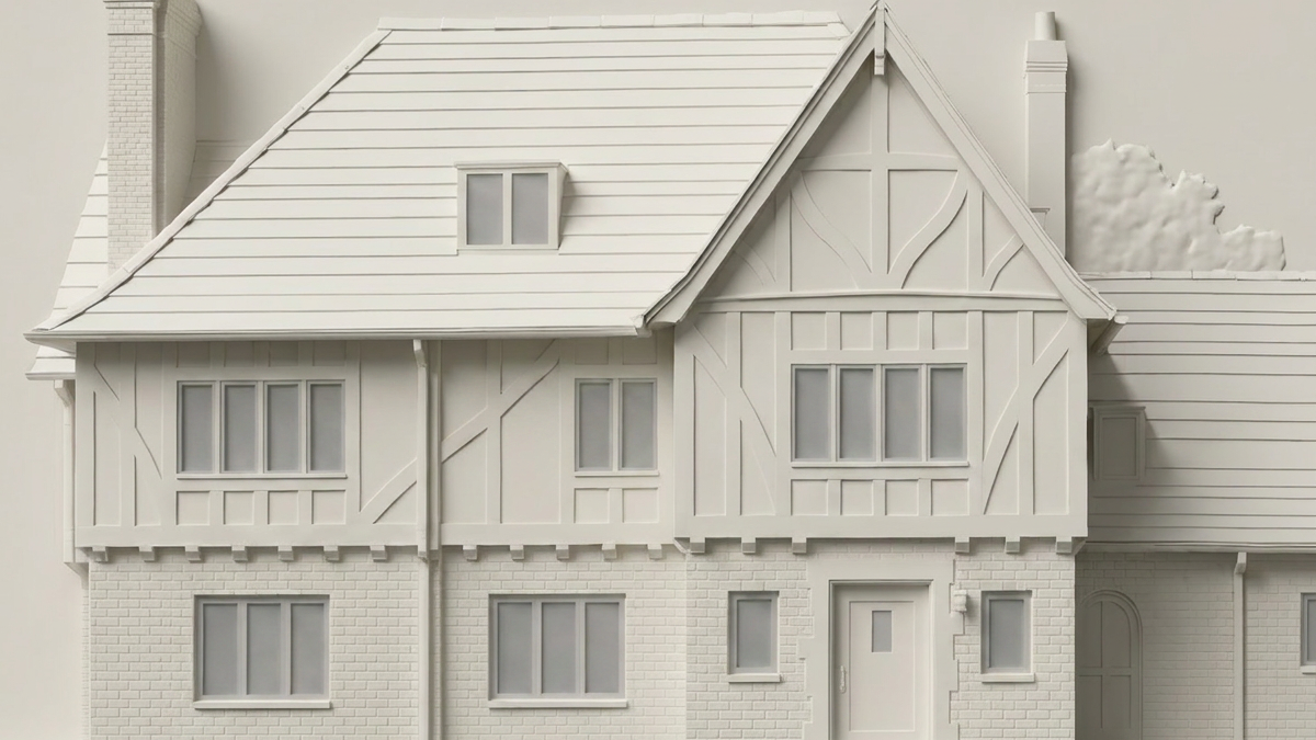 Detailed white architectural bas relief of a Tudor-style house facade